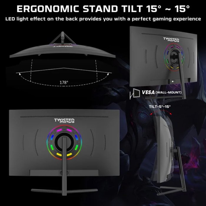 Twisted Minds 27'‘ FHD VA, 180Hz, 0.5ms, HDMI2.0, HDR Curved Gaming Monitor - Black - Image 2