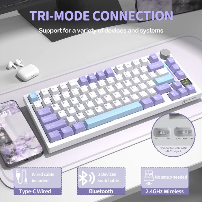 ATTACK SHARK X820 Ultra Wireless Tri-Mode (2.4G + Type-C + Bluetooth)Gasket Mechanical Keyboard - Star White + Shark Switch - Image 3