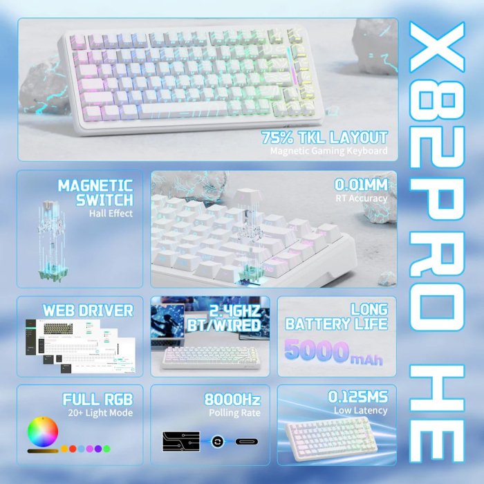 Attack Shark X82PRO HE Wireless Rapid Trigger Gaming Keyboard Magnetic Switch-White - Image 3